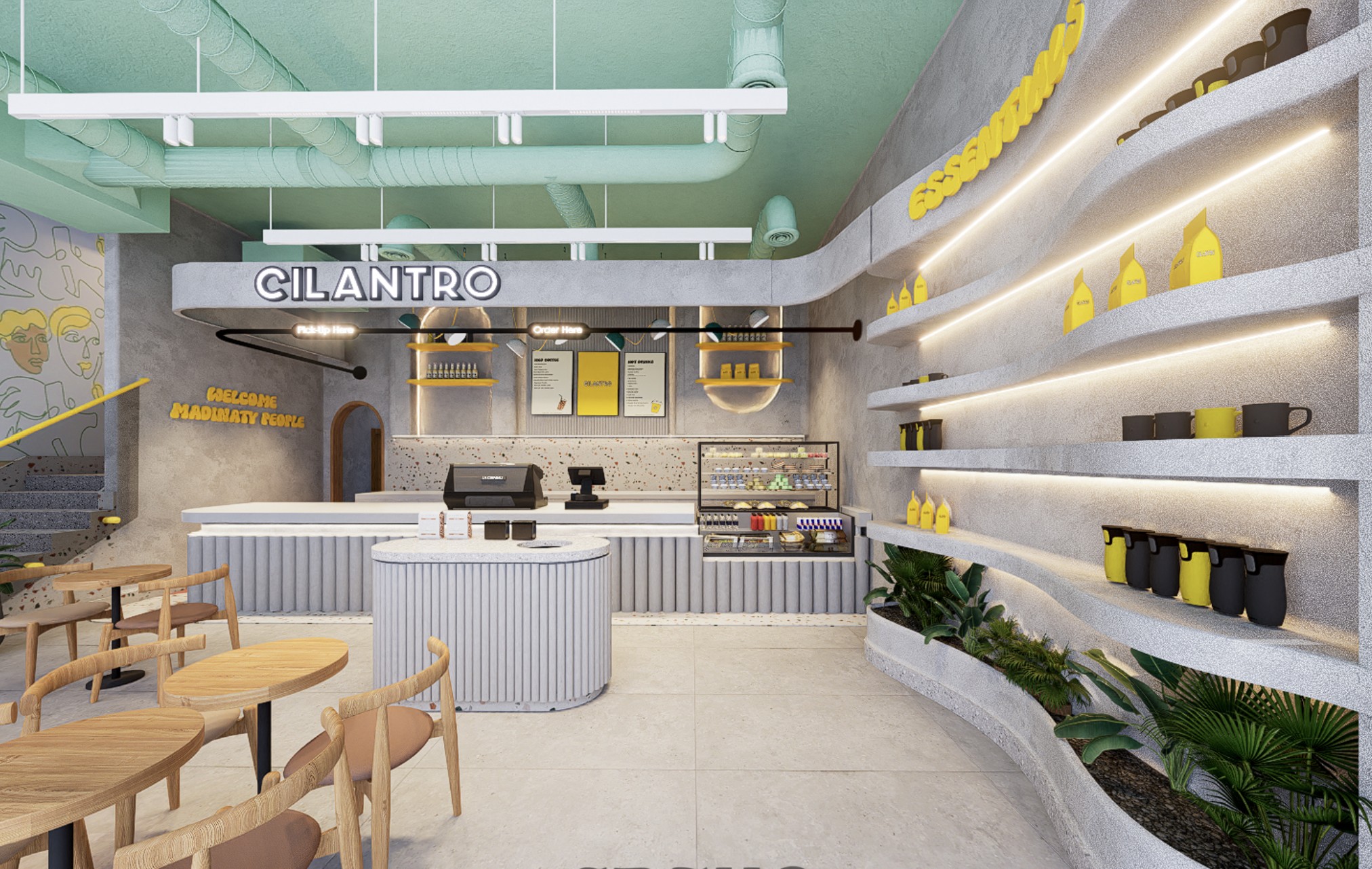 Cilantro cafe interior with curved counters, menu boards and illuminated shelving