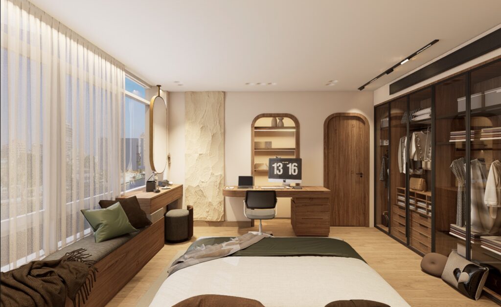 Warm timber bedroom with full-height wardrobes, integrated desk and window seating